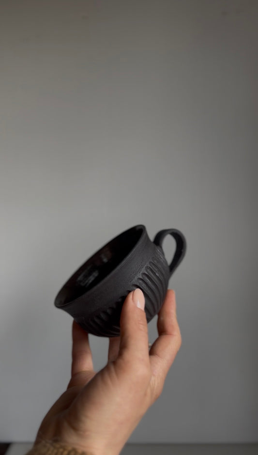 Black Clay fluted cup unglazed outside